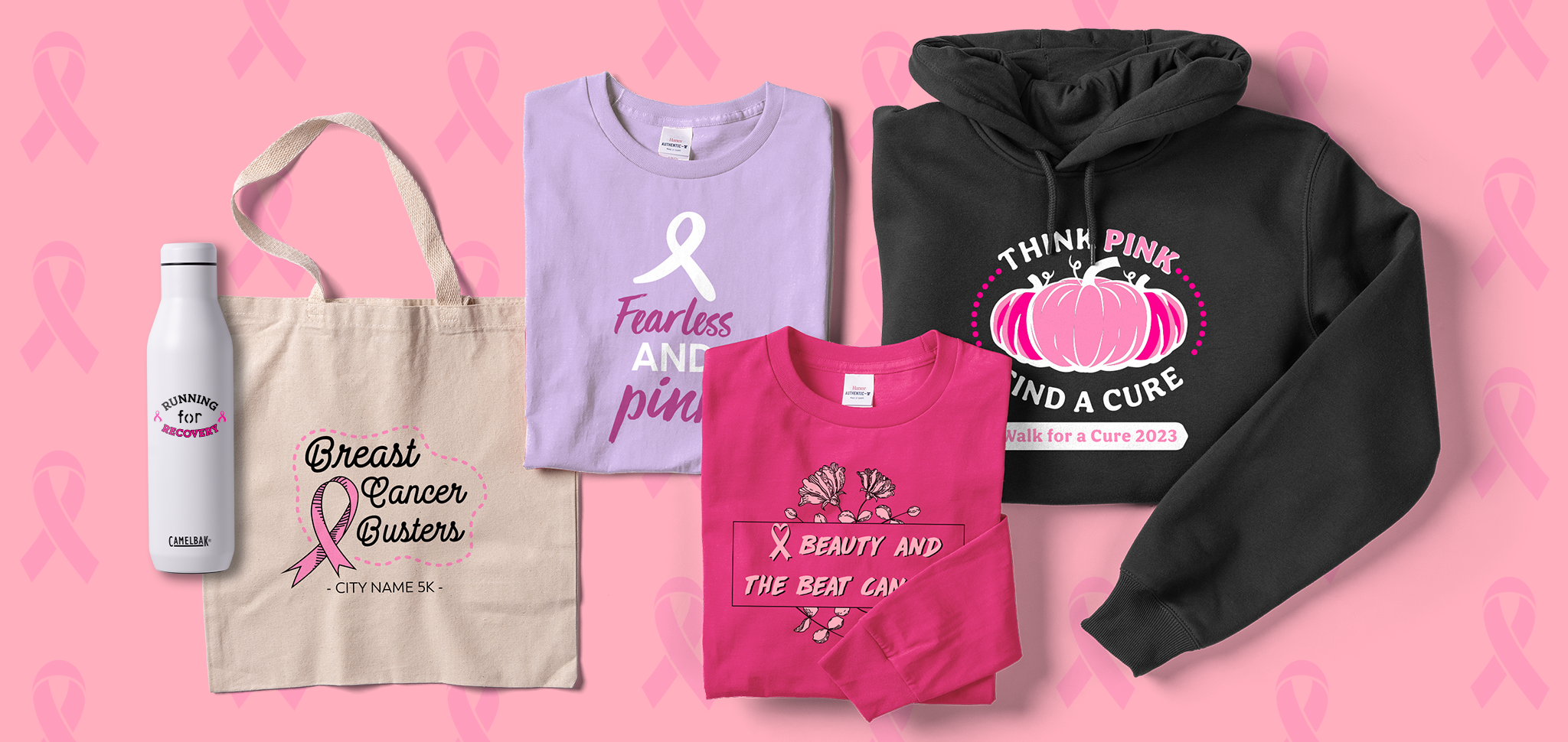 A water bottle, a tote bag, two t-shirts, and a hoodie with breast cancer team names printed on them. 