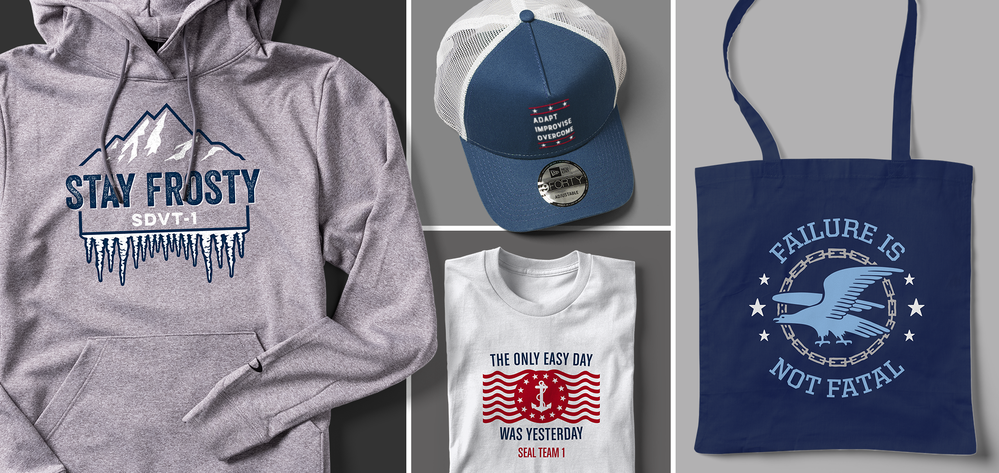 A collage showing a custom hoodie, trucker hat, t-shirt, and tote bag with US Navy quotes and sayings printed on them.