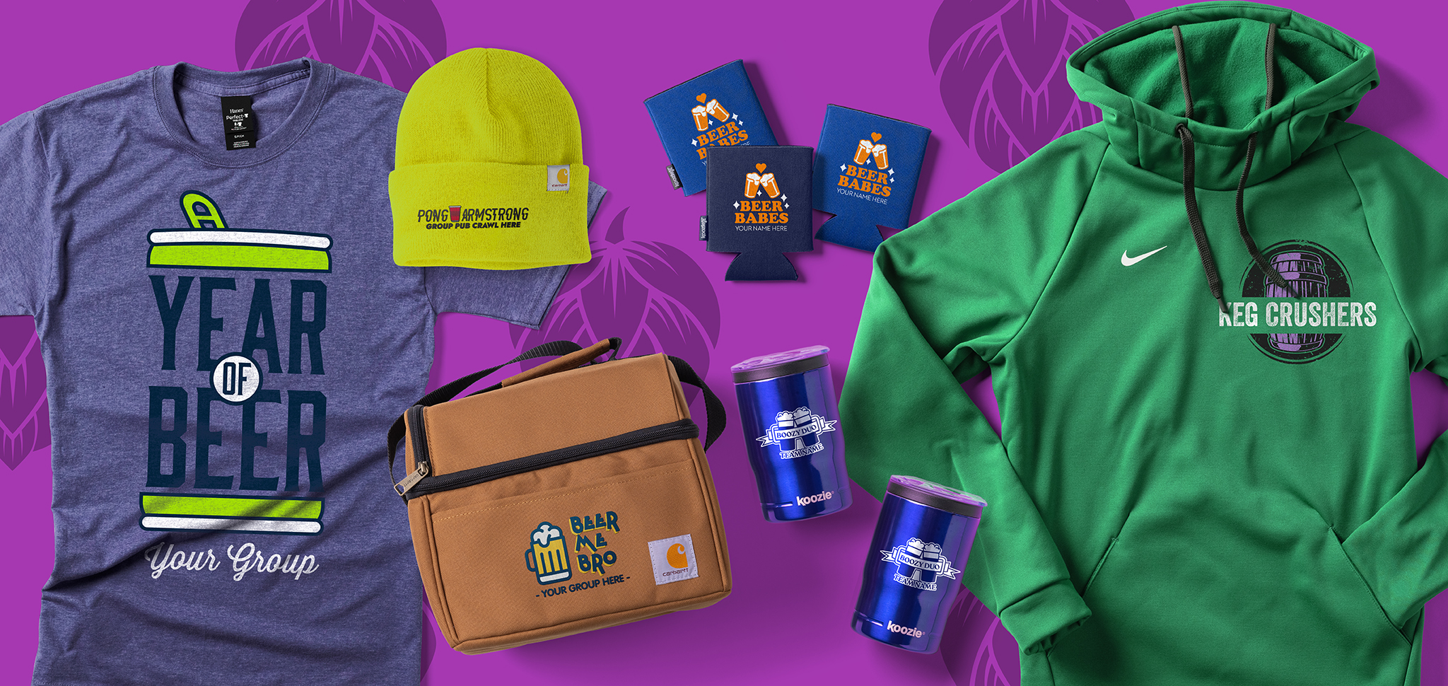 A graphic showing various custom apparel and accessories for the beer Olympics: a t-shirt that reads “Year of Beer / Your Group”; a Carhartt beanie that reads “Pong Armstrong / Group Pub Crawl Here”; a Carhartt can cooler that reads “Beer Me, Bro / Your Group Here”; three can Koozies® that read “Beer Babes / Your Name Here”; two Koozie® insulated tumblers that read “Boozy Duo / Team Name”; and a Nike hoodie that reads “Keg Crushers.” 