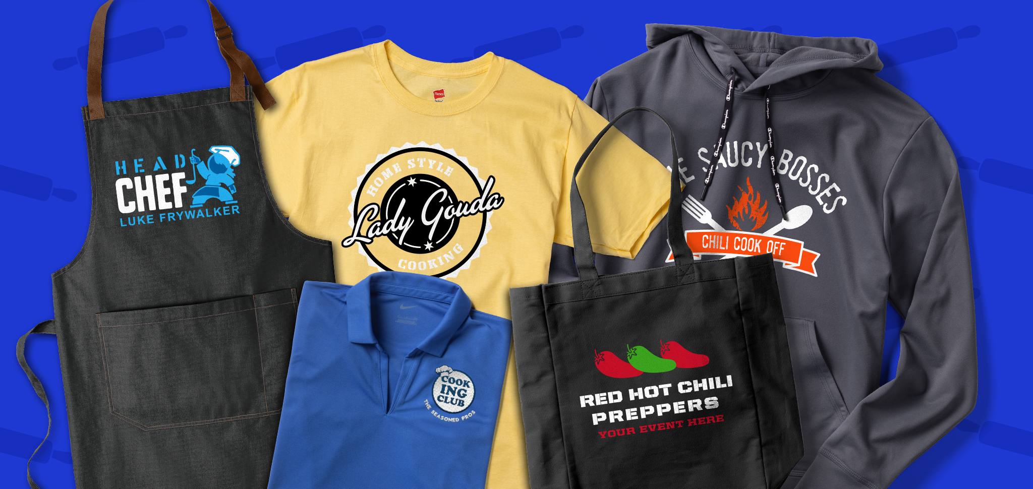 A selection of custom apparel with cooking team names on them: a black apron that reads "Head Chef / Luke Frywalker"; a royal blue polo shirt that reads "Cooking Club / The Seasoned Pros"; a pale yellow t-shirt that reads "Lady Gouda Homestyle Cooking"; a black tote bag that reads "Red Hot Chili Preppers / Your Event Here"; and a navy blue hoodie that reads "The Saucy Bosses Chili Cook-Off." 