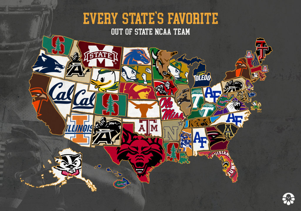Favorite Out of State NCAA Football Teams Map