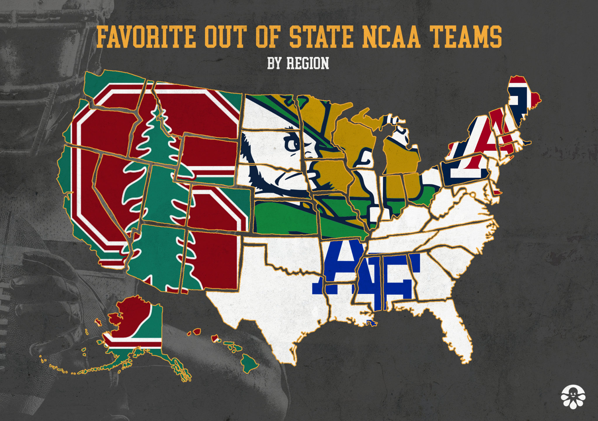 Map of Favorite NCAA Football Teams by US Region