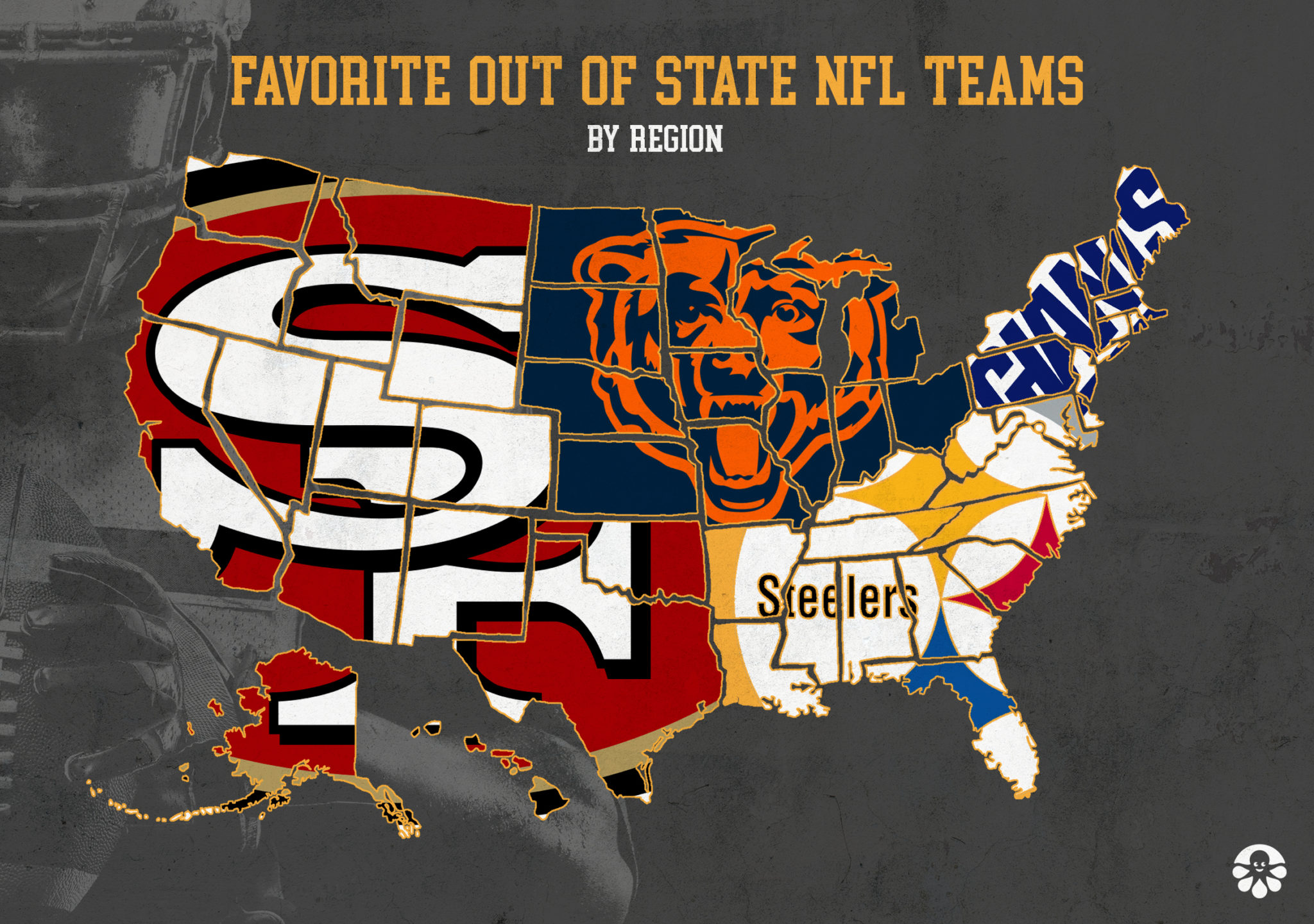 Map of Favorite Out of State NFL Teams by US Region