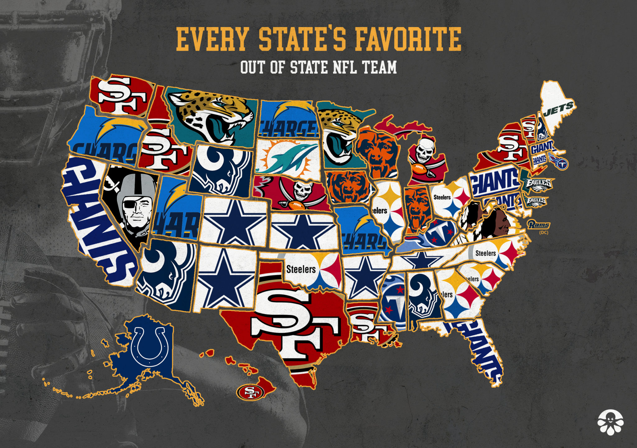 US Map of Favorite Out of State NFL Teams