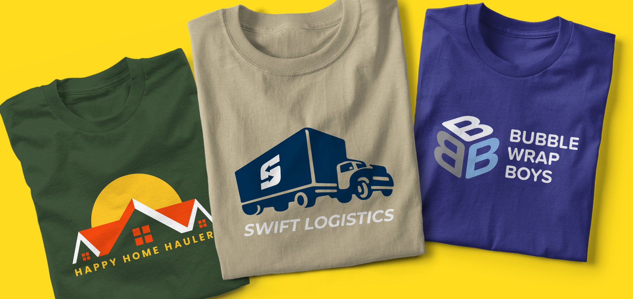 Three folded t-shirts featuring moving company names: Happy Home Haulers, Swift Logistics, and Bubble Wrap Boys.