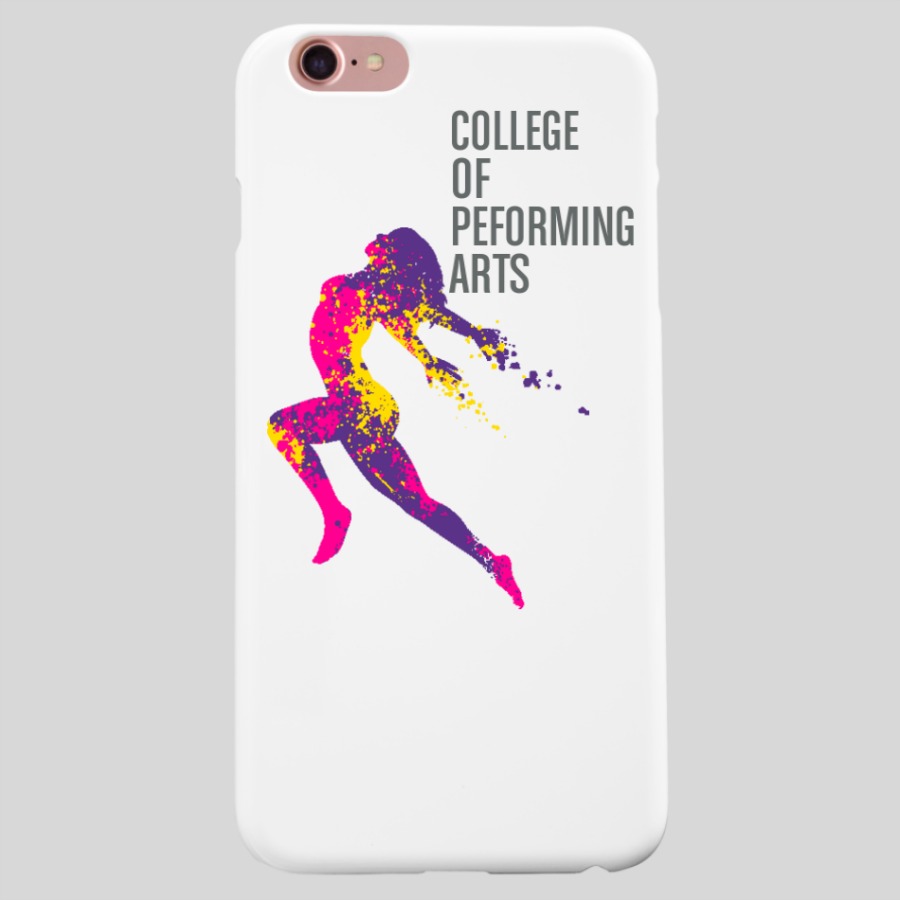 White Custom Full Color iPhone 6+ Phone Case with a colorful dancer clipart that says College of Performing Arts 