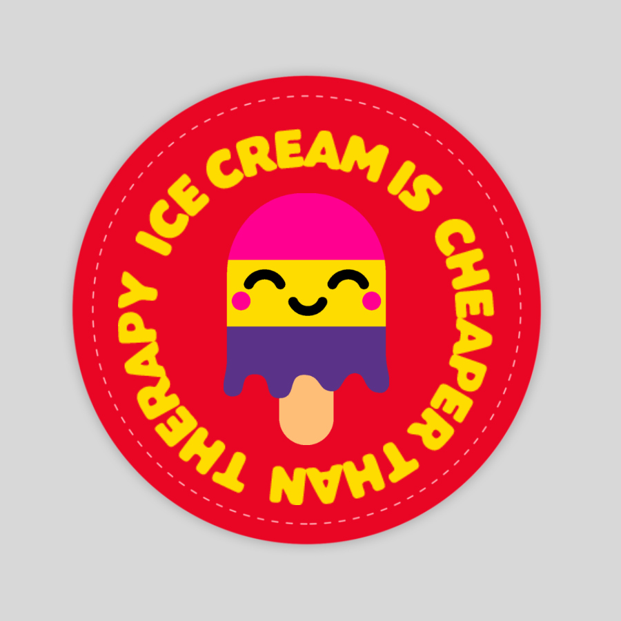 cute custom laptop sticker with a bar of ice cream and the words "ice cream is cheaper than therapy" circled around it 