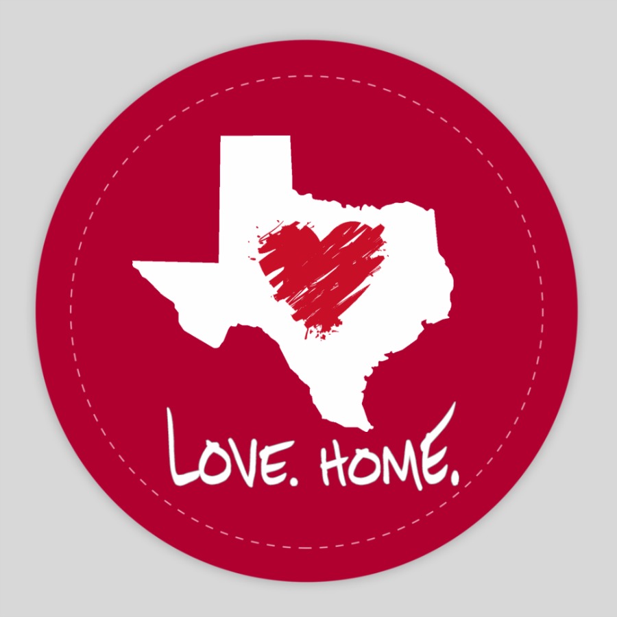 round custom laptop sticker with the state of texas and a heart in the middle