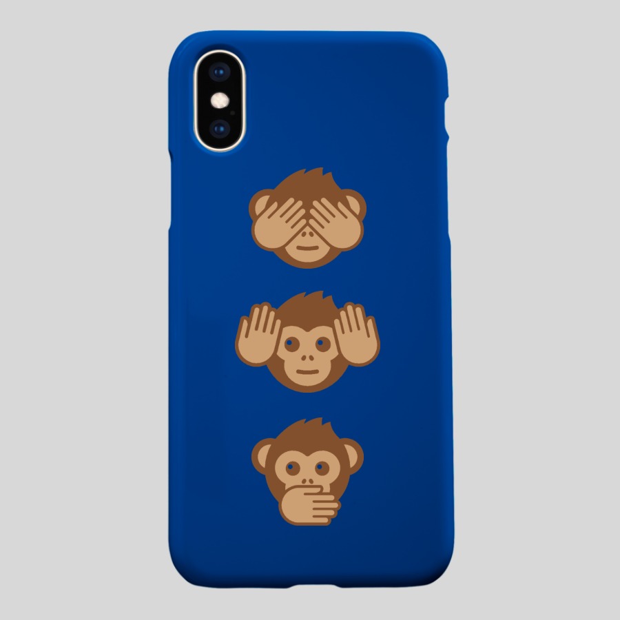 blue custom iphone x case with the see, hear, speak no evil monkeys