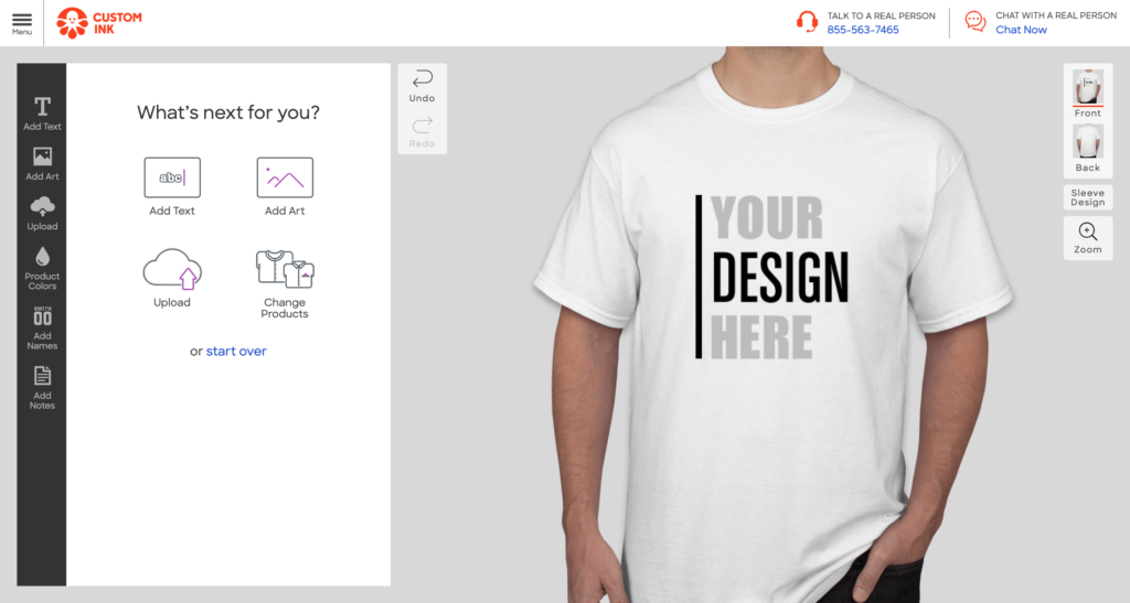A picture of Custom Ink's design lab with a white t-shirt featuring the text "your design here" on it.