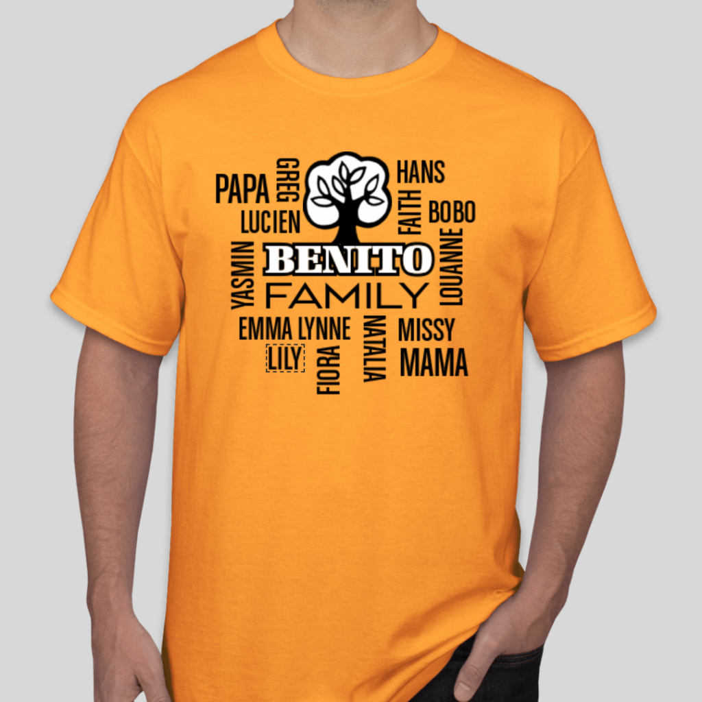 An orange custom t-shirt with the names of family members arranged into a wordle for a family reunion.