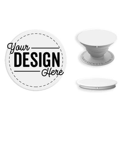 A white custom popsocket with the text your design here printed on it.