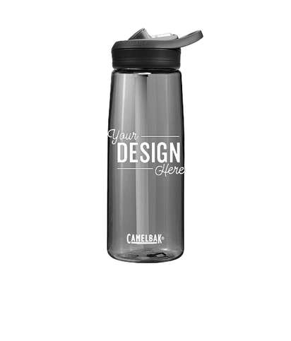 A grey custom water bottle from CamelBak with a black lid. White text printed on the water bottle reads your design here.