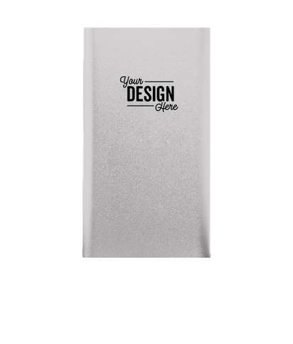 A square silver powerbank customized with the text Your Design here.