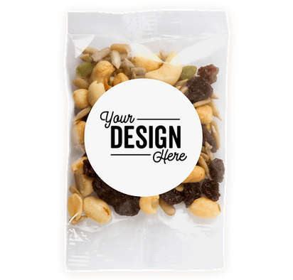 A bag of mixed fruit and nuts. A white circle is printed on the front with black text inside reading Your Design Here.