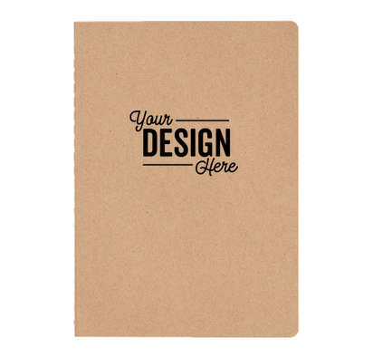 A light brown custom notebook with blakc text reading Your Design here on the front.