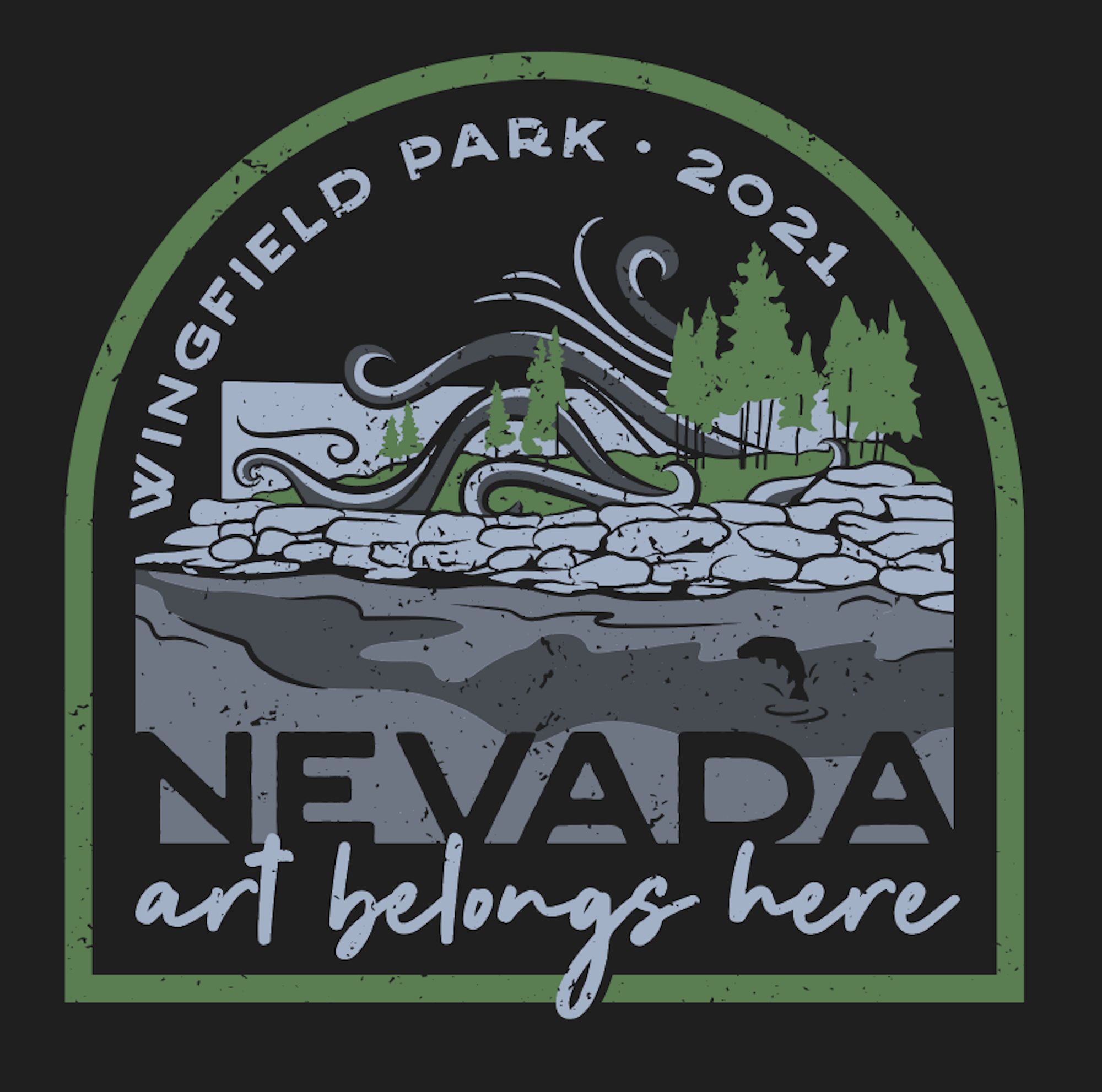 A black, green, and gray design that shows octopus tentacles in a park and says "Wingfield Park 2021", "Nevada", and "art belongs here"