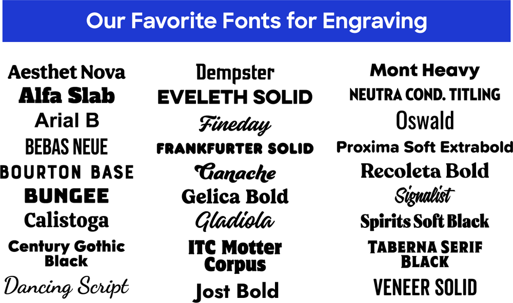 A list of the top 27 best fonts to use when laser engraving custom products.