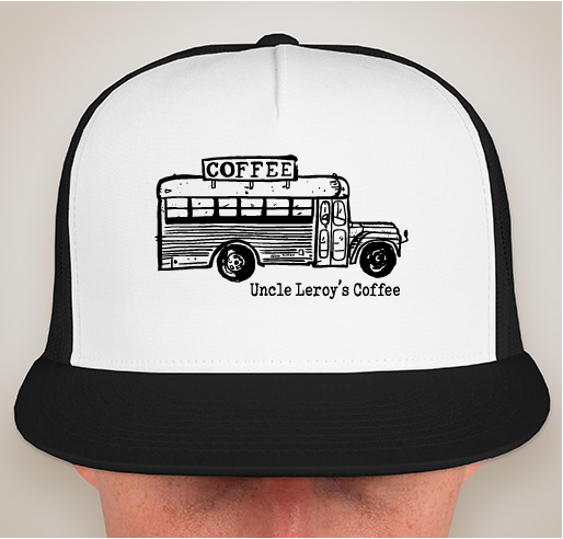 Black trucker hat with illustration of a bus printed in black ink and the text Uncle Leroy's Coffee