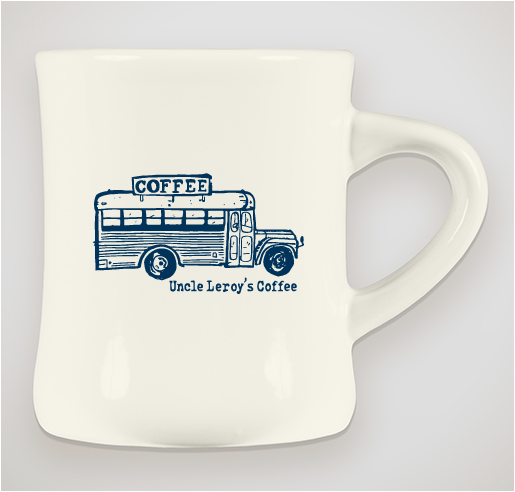 White ceramic diner mug with illustration of a bus printed in blue ink and the text Uncle Leroy's Coffee