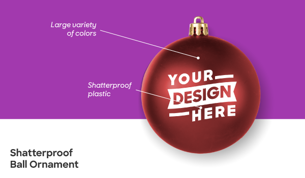 A red custom ball ornament with Your Design Here printed on it