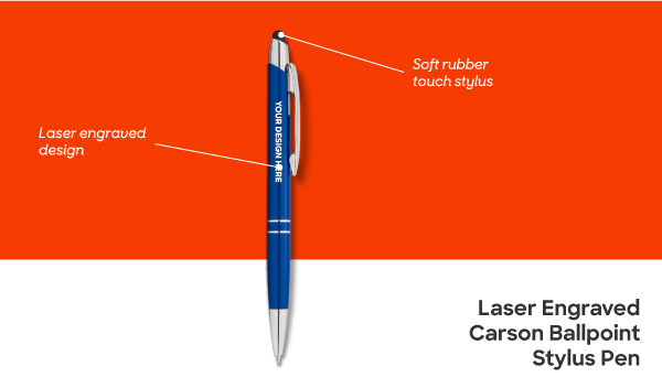 A blue custom pen with Your Design Here printed on it