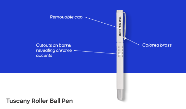 A silver custom pen with Your Design Here printed on it