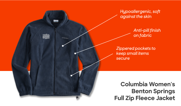 A full zip women's custom fleece jacket from Columbia with Your Design Here embroidered on the chest