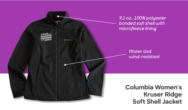 A women's custom soft shell jacket from Columbia with Your Design Here printed on the chest