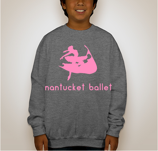 Photo of a child wearing a gray sweatshirt with a pink Nantucket Ballet design.