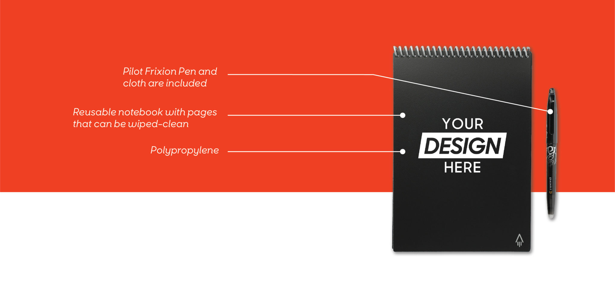 A custom notebook featuring a design that says "your design here."