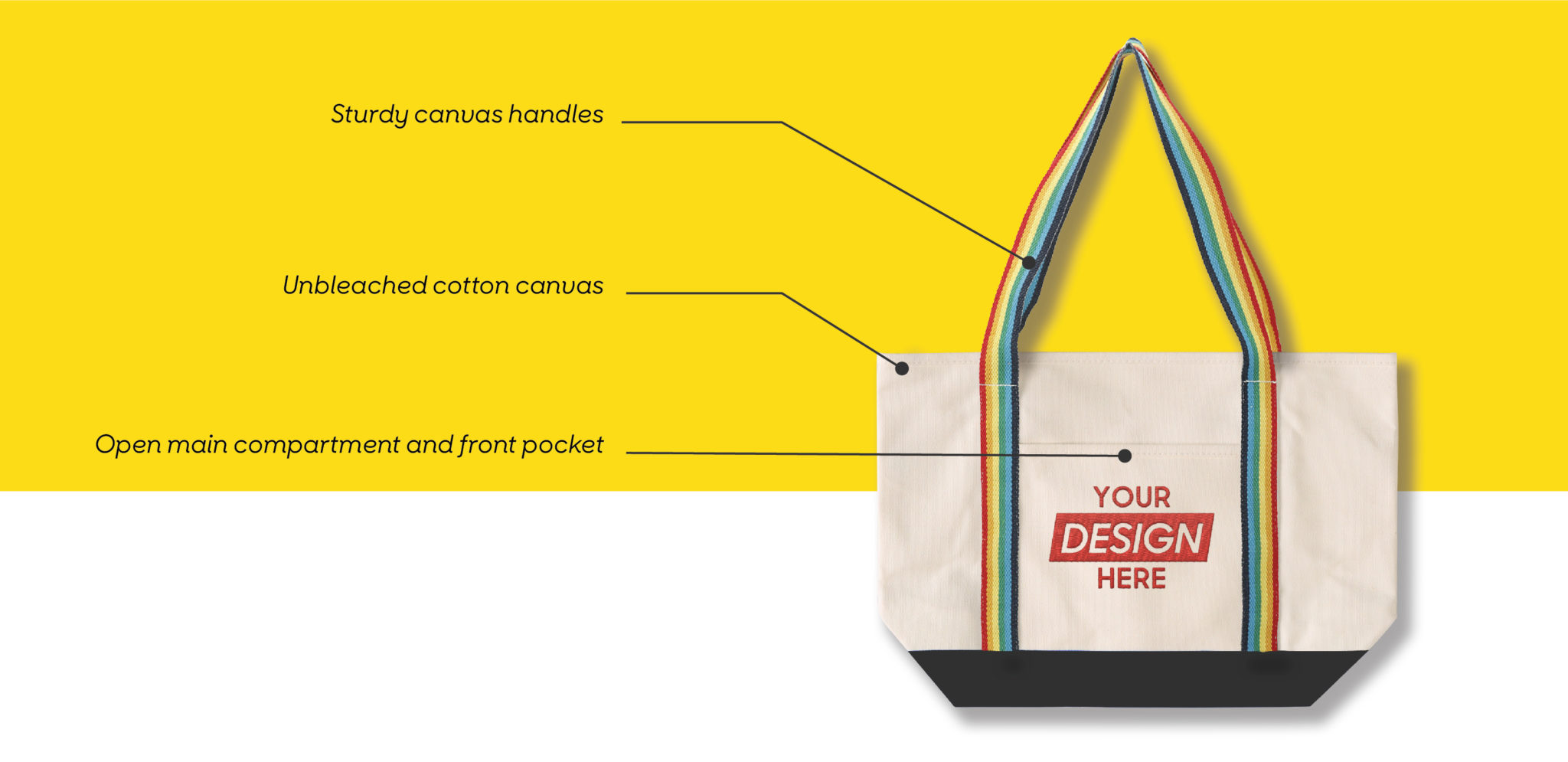 A custom tote bag featuring a design that says "your design here."