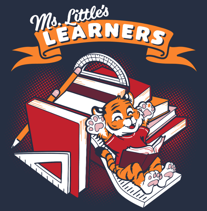 Illustration of cartoon tiger on books and school supplies with text Ms. Little's Learners