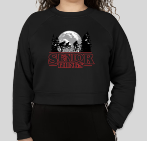Black cropped sweatshirt with the Stranger Things logo that reads "Senior Things"