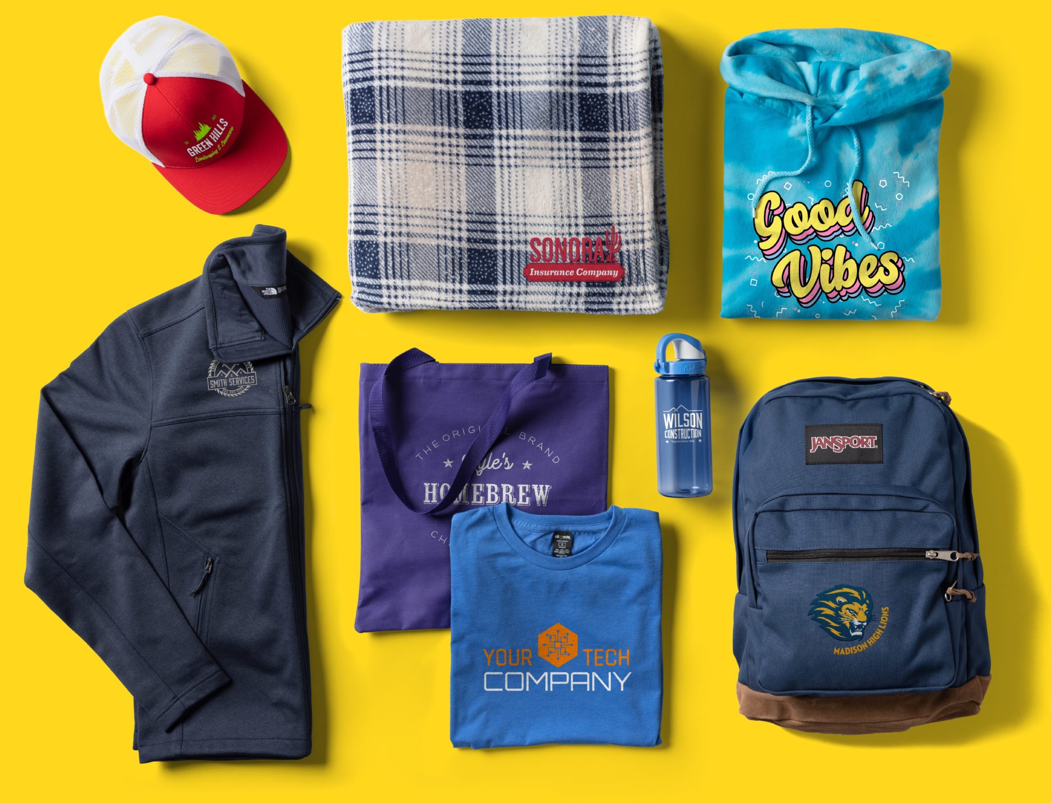 An array of custom products, including shirts, a backpack, a hat, and a water bottle