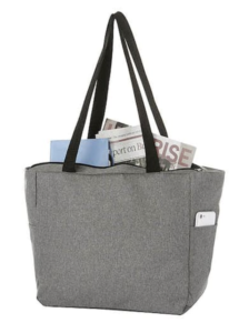 A gray Essential Zip Convention Tote Bag filled with essential items.