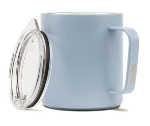 A powder blue MiiR Laser Engraved 12 oz. Vacuum Insulated Camper Mug with clear lid.