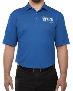 A person wearing a Callaway Textured UPF 50 Performance Polo in Magnetic Blue with "Your Design Here" printed on the left chest area, tucked into black pants. 