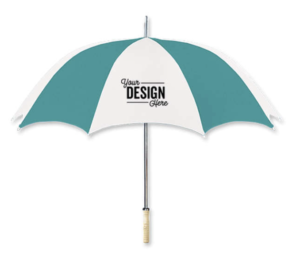 A 48" Arc Multi-Tone Golf Umbrella in White and Teal with "Your Design Here" printed in black on a white panel. 