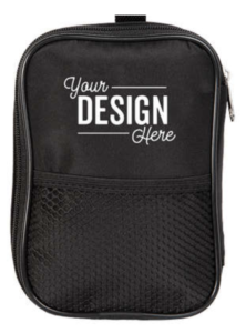 A black Golf Accessories and Valuables Zippered Pouch with "Your Design Here" printed in white above the mesh pocket. 
