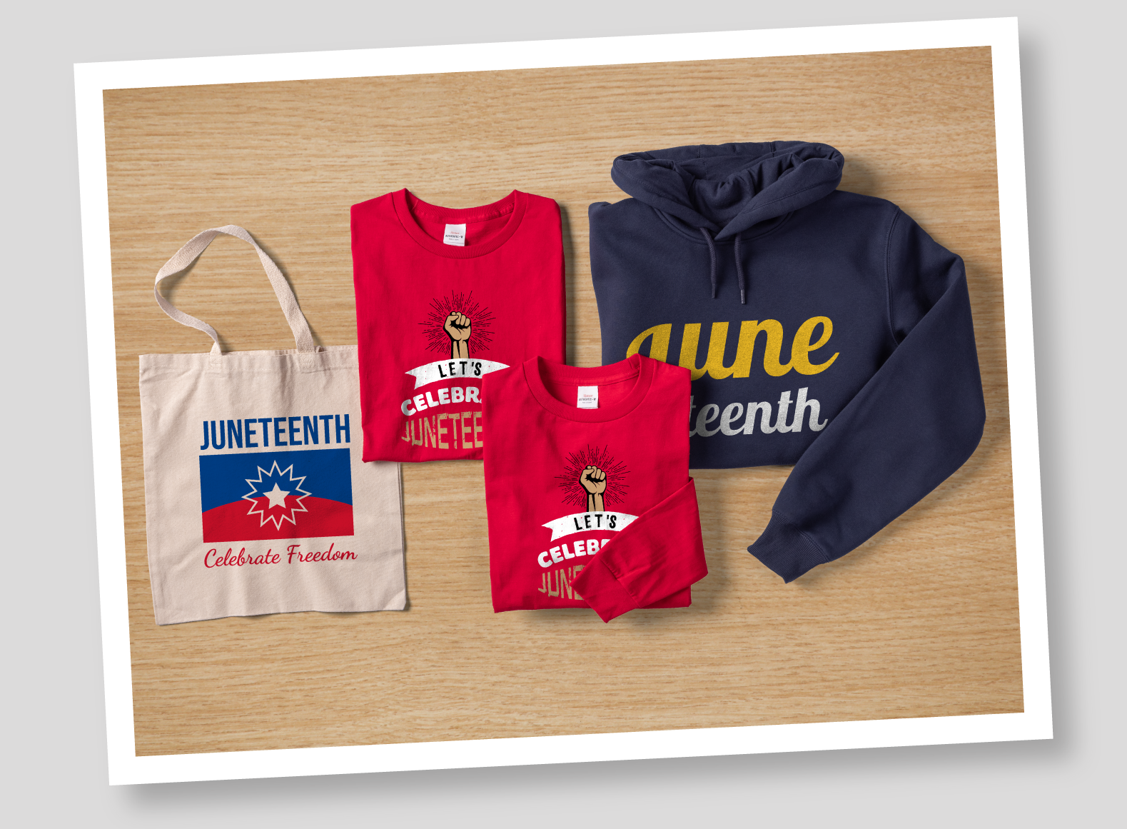 A tote bag, two t-shirts, and a hoodie with celebratory Juneteenth imagery. 