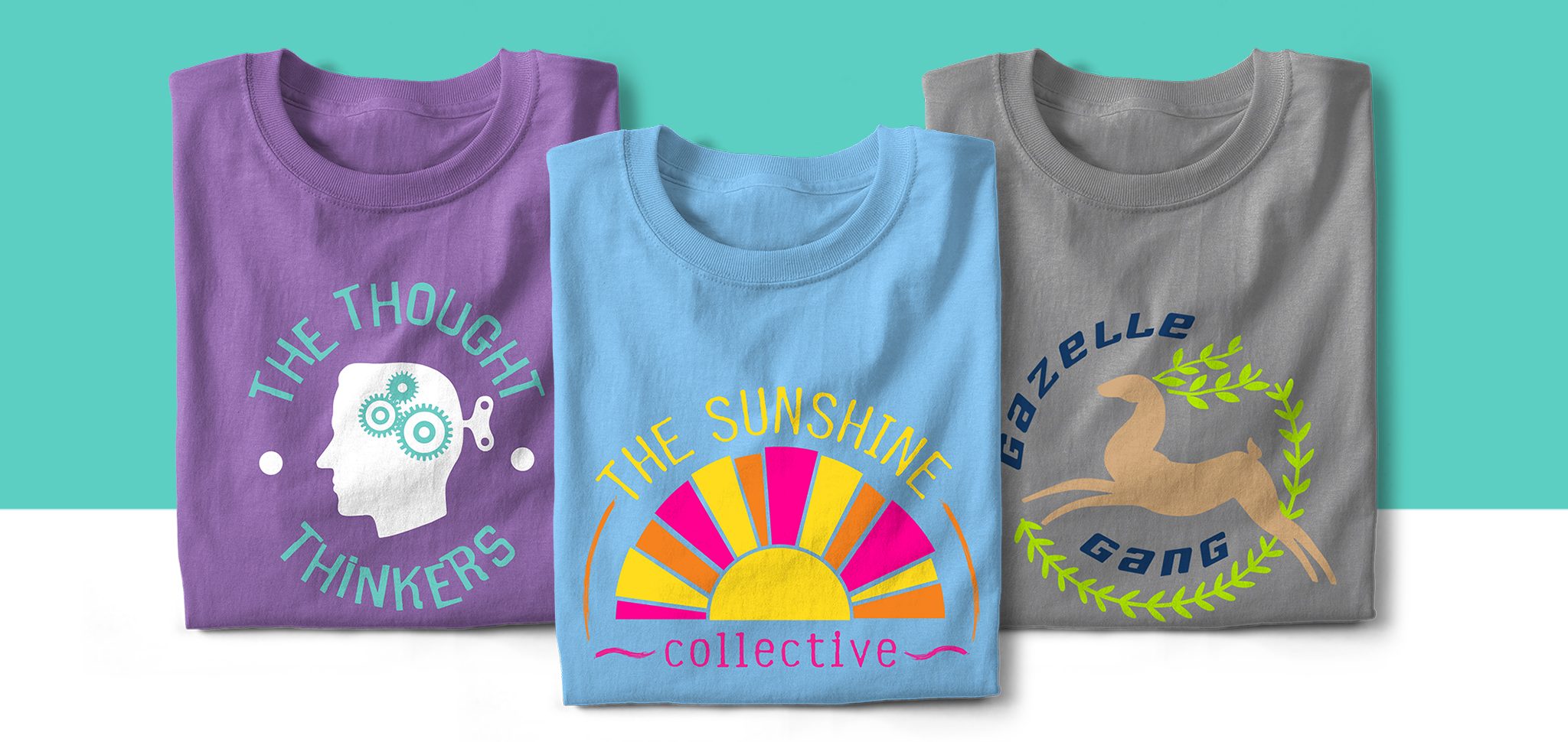 Three folded t-shirts with small group names printed on them. The names are The Thought Thinkers, The Sunshine Collective, and Gazelle Gang.