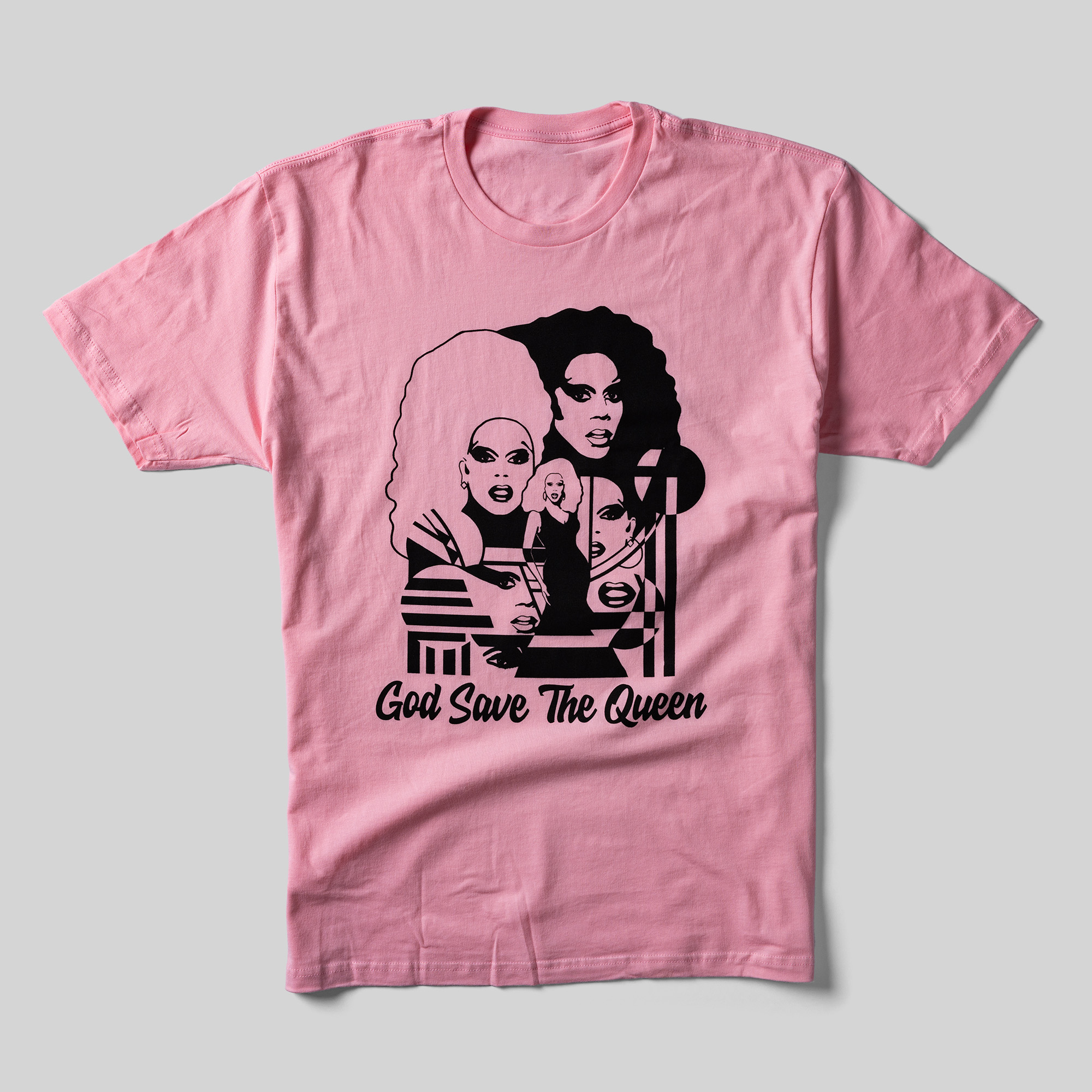 A pink t-shirt that with a black illustration of several RuPaul looks above the phrase God Save the Queen.