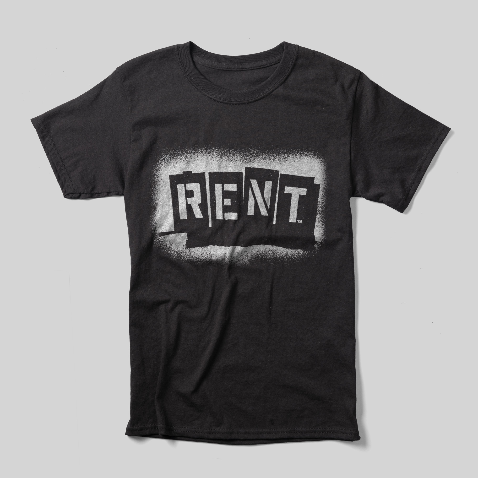 A black t-shirt with the logo for Rent: The Musical in gray.