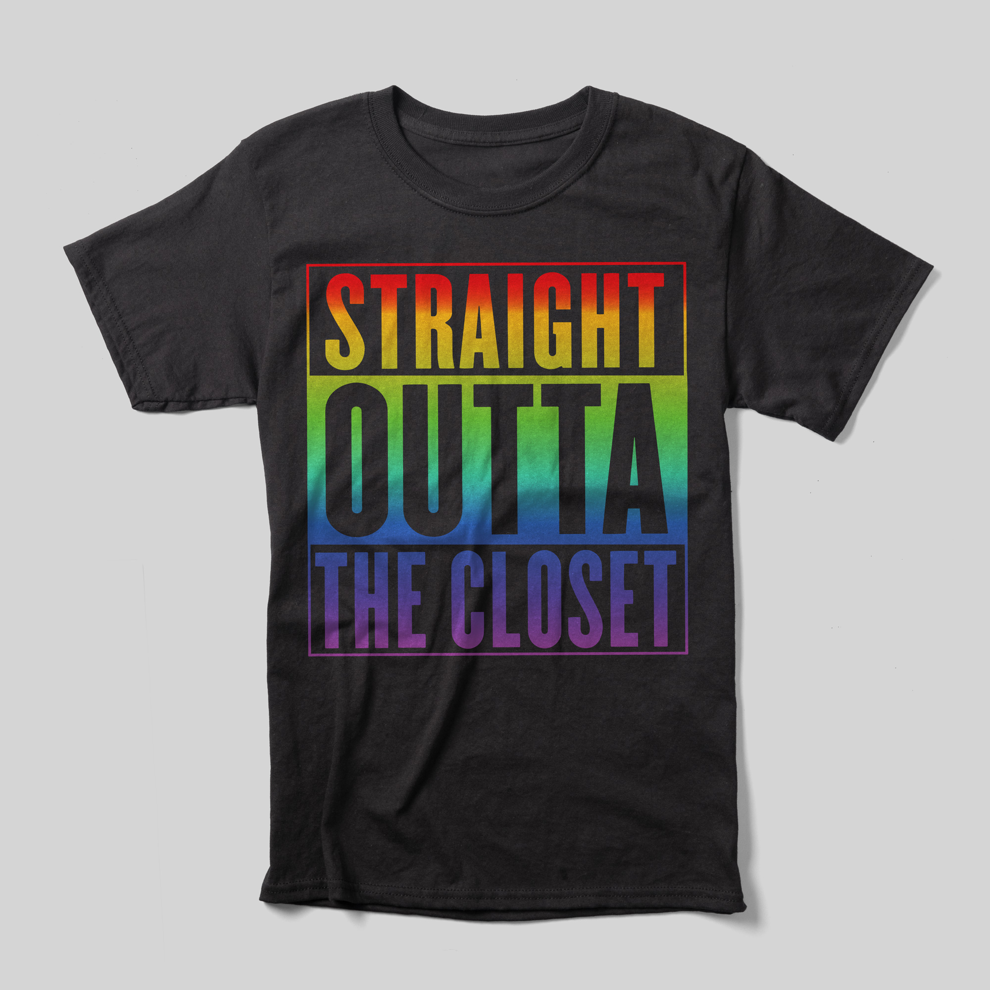 A black t-shirt displaying the popular movie art from Straight Outta Compton, but instead reads Straight Outta The Closet in rainbow colors.