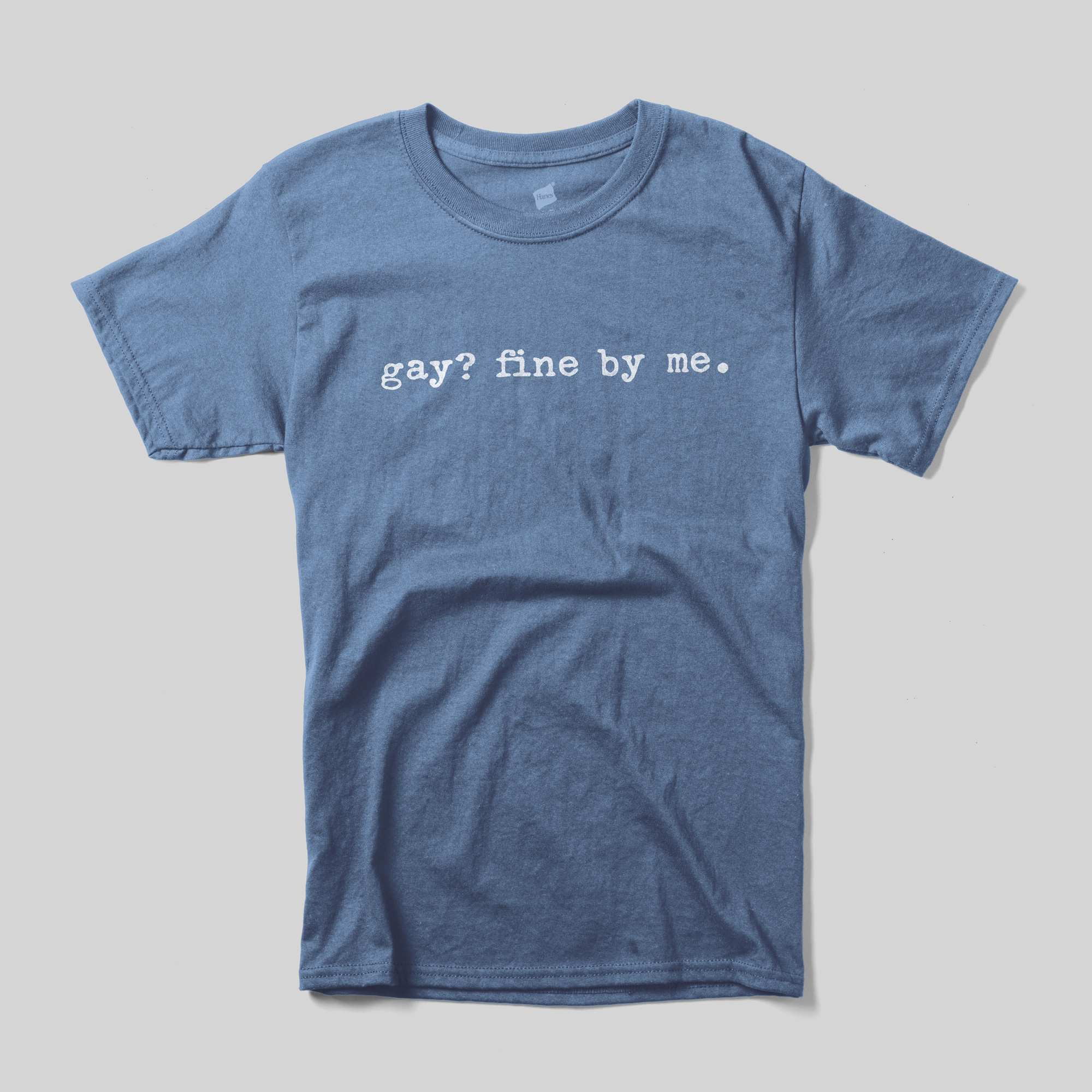 A pale blue t-shirt that reads "gay? fine by me."