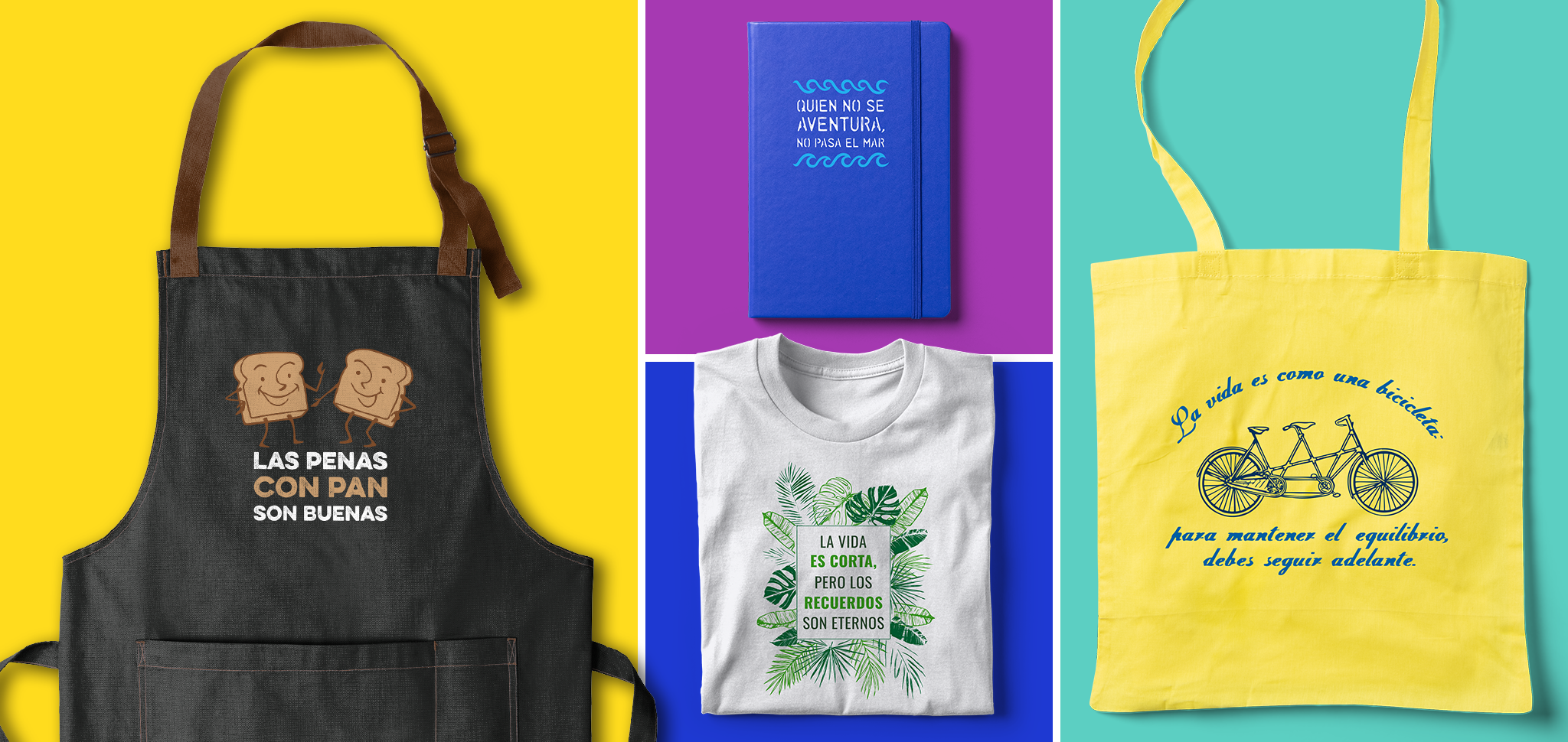 An apron, notebook, t-shirt, and tote bag with Mexican sayings and proverbs printed on them.