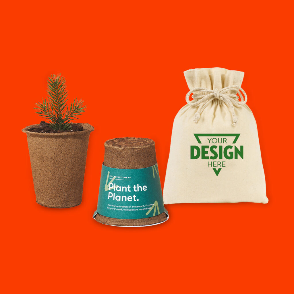 A custom tree kit with "Your Design Here" printed on the gift bag. 