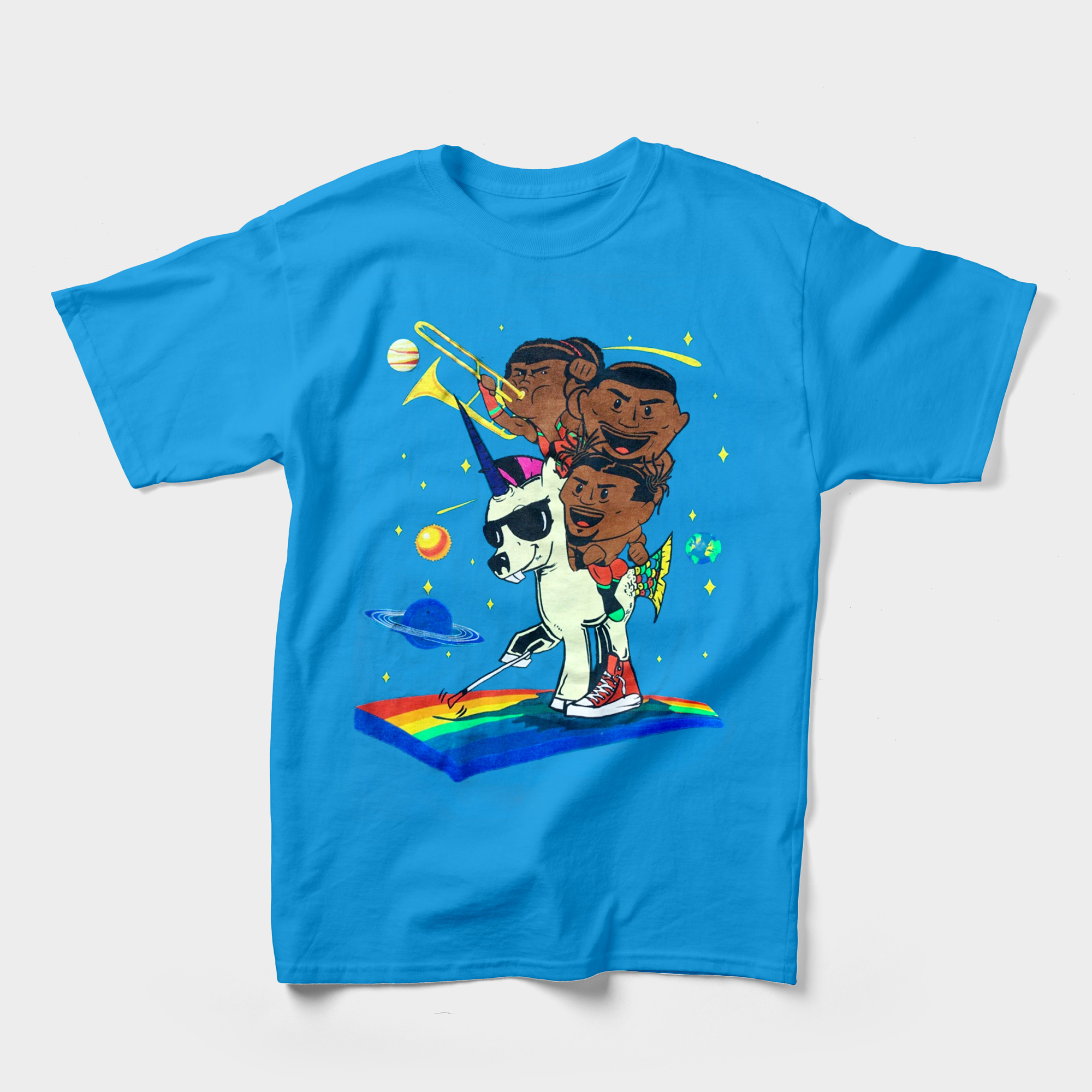 The New Day's vibrant and colorful shirt sets it apart from other wrestling shirt designs with its rainbows, unicorns, and sparkles. 