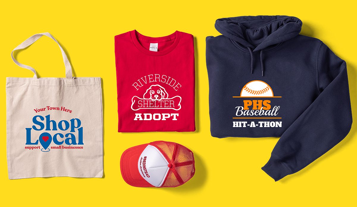 An assortment of custom products with various fundraising causes printed on them.